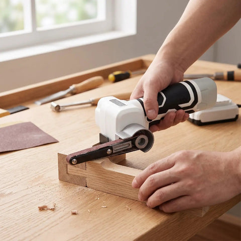 NoSweat 12V Cordless Detail Belt Sander being used on wood for finishing, showcasing the brushless motor and adjustable flex head.