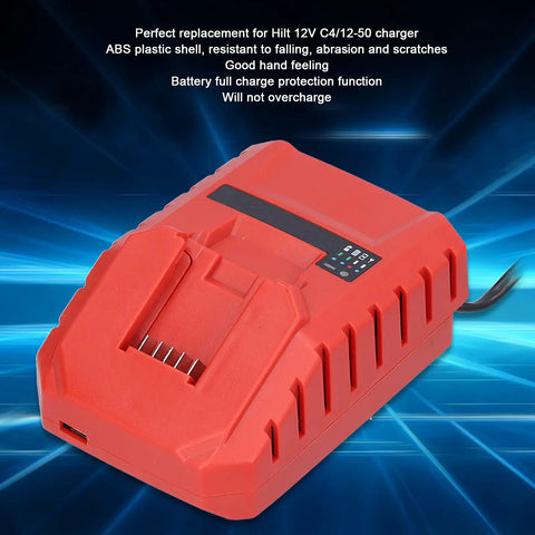 12V Battery Charger For C4/12-50 Nail Gun Replacement, red ABS shell with power indicator, against blue background