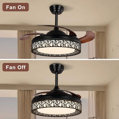 Dope 42 Inch Retractable Ceiling Fan With Lights Remote App Control Dimmable LED DC Motor Modern Farmhouse Style Fan On and Off View