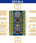 Diagram of 2 Pack Nano V3.0 Mini ATmega328P Arduino Microcontroller Board Kit with labeled pins and components for easy prototyping.