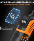 Heavy Duty Corded Rotary Tool With 200watt Motor And 8000 To 40000 Rpm Variable Speed Flex Shaft Digital Display showing gear adjustments.