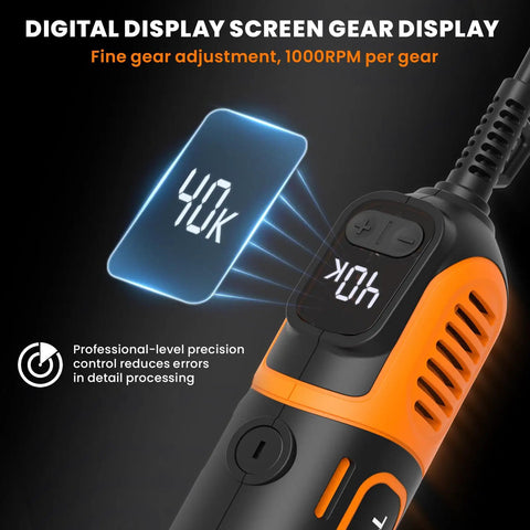 Heavy Duty Corded Rotary Tool With 200watt Motor And 8000 To 40000 Rpm Variable Speed Flex Shaft Digital Display showing gear adjustments.
