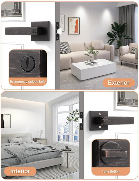 8 Pack Oil Rubbed Bronze Privacy Door Handles For Interior Doors showing interior and exterior views in living room and bedroom.