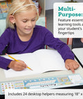 Top Shelf Chalkboard Style K-2 Desk Reference Mats, Built Tough Premium Plastic Teaching Companions For Elementary Students, Teacher Go To Back To School Classroom Supplies, 24 Pack Hassle Free Multi Grid Learning Boards with student using desk mat.
