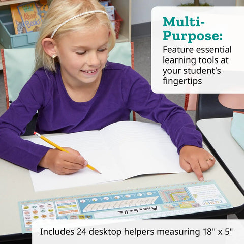 Top Shelf Chalkboard Style K-2 Desk Reference Mats, Built Tough Premium Plastic Teaching Companions For Elementary Students, Teacher Go To Back To School Classroom Supplies, 24 Pack Hassle Free Multi Grid Learning Boards with student using desk mat.
