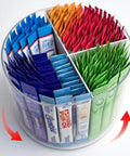 Snag This Smooth Spinning Four Section Drink Packet Organizer With BPA Free Clear Plastic Material For Quick Coffee Sugar And Mix Access, showing colorful packets organized.