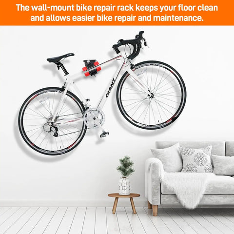 360 Degree Rotating Bike Repair Stand With Wall Mount holding a bicycle above a couch in a living room setting