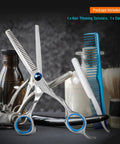 Stainless Steel Hair Cutting Scissors Thinning Shears 6.5 Inch with blue tension adjuster and comb on barber table.