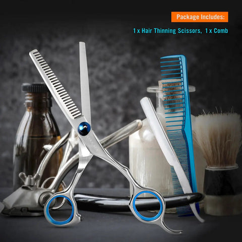Stainless Steel Hair Cutting Scissors Thinning Shears 6.5 Inch with blue tension adjuster and comb on barber table.