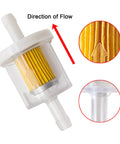 One Quarter Inch Inline Fuel Filter Kit For Briggs And Stratton Kawasaki Toro MTD And Craftsman Engines, 40 Micron, with flow direction.
