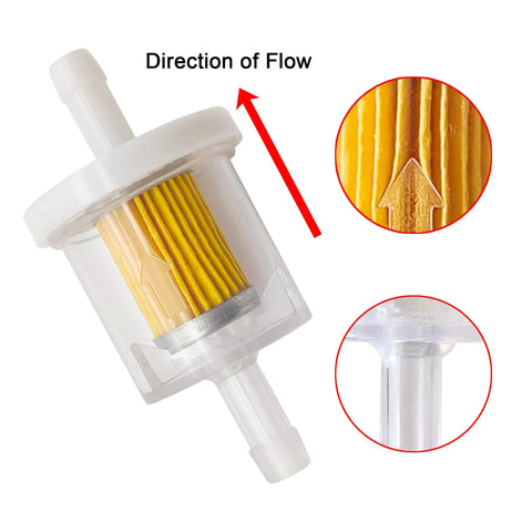 One Quarter Inch Inline Fuel Filter Kit For Briggs And Stratton Kawasaki Toro MTD And Craftsman Engines, 40 Micron, with flow direction.
