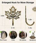 Legit Vintage Maple Leaf Wall Hooks Gold Finish Heavy Duty Decorative Rack Built Tough For Coats And Keys Straight Up Farmhouse Home Organization Two Pack, showing dimensions and uses.