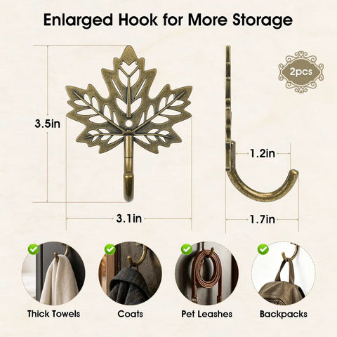 Legit Vintage Maple Leaf Wall Hooks Gold Finish Heavy Duty Decorative Rack Built Tough For Coats And Keys Straight Up Farmhouse Home Organization Two Pack, showing dimensions and uses.