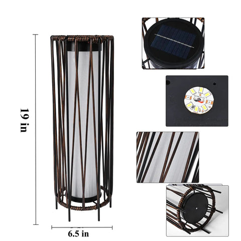 Outdoor Solar Floor Lamp With Rattan Trim And Steel Frame, 19x6.5 inches, solar panel detail, waterproof lantern