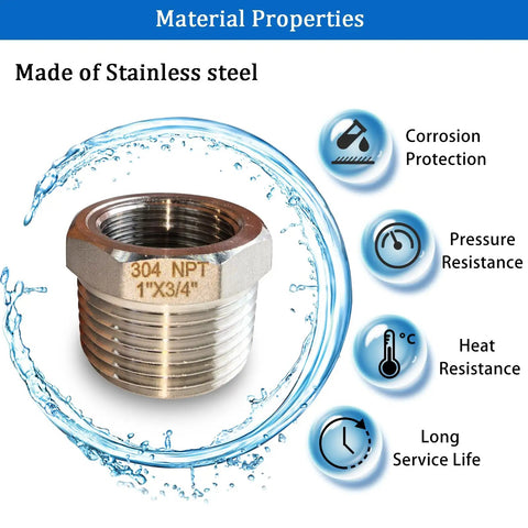 Two Pack Stainless Steel Bushing One To Three Quarter Inch NPT Reducer One Inch Male To Three Quarter Inch Female Hex Pipe Fitting Set For Quick Hose And Tube Connections Beefy Heavy Duty Leak Free Easy Fit, 304 stainless steel