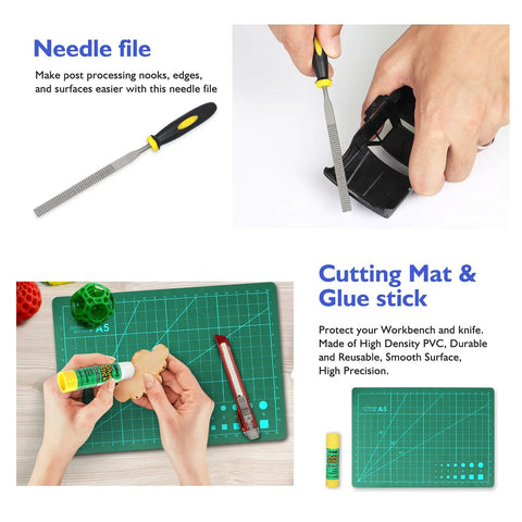 YEETIN 45-piece 3D printer tools kit with needle file, digital caliper, craft knife, tube cutter; green cutting mat.
