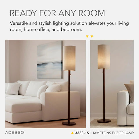 Walnut Wood Floor Lamp With Beige Linen Shade For Cozy Home Vibes beside sofa in living room, mid-century modern style.