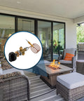 Low Pressure LPG Propane Fire Pit Flame Failure Safety Control Valve Kit Replacement Part With Three Eighths Inch Flare Inlet And Outlet Brass Construction next to an outdoor fire pit setup on a patio.