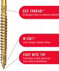 Close-up of structural screw features; CEE Thread, W-Cut, and Fast Bite Tip for 5/16 x 4 Inch Structural Screws 100 Pack Zip Tip Technology.