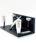 Heavy Duty T6061 Aluminum Belt Grinder Knife Jig with adjustable handles on black base for precision blade shaping.