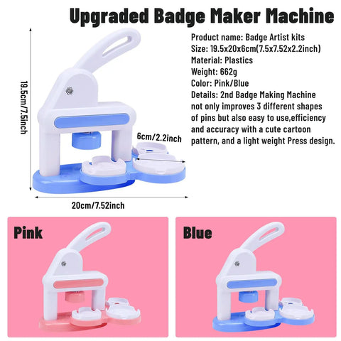 Two Size Button Maker Kit For DIY Badges And Pins 55mm And 35mm With 80 Pcs Supplies Includes Everything You Need In Blue and Pink