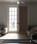 Before and after view of French Door Curtains With Privacy Blackout Tie Up Shade For Kitchen Dining Nursery And Bathroom Energy Saving Door Covering 26 By 72 Inches Mocha One Panel Easy Install No Drill showcasing light blocking effect in a modern living room.