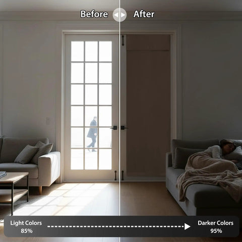 Before and after view of French Door Curtains With Privacy Blackout Tie Up Shade For Kitchen Dining Nursery And Bathroom Energy Saving Door Covering 26 By 72 Inches Mocha One Panel Easy Install No Drill showcasing light blocking effect in a modern living room.