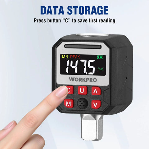 Digital Torque Adapter For Half Inch Drive With Buzzer Alert Turns Your Ratchet Into An Electronic Torque Wrench Range 7.38 To 147.5 Ft Lb 10 To 200 Nm Includes Quarter And Three Eighths Inch Adapters Gearhead Friendly. digital torque adapter display showing 147.5 ft-lb and control buttons