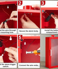 Installation steps for 10 Lb Fire Extinguisher Cabinet With Alarm, showing wiring and assembly in steel safety case with acrylic window.
