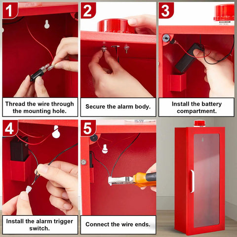 Installation steps for 10 Lb Fire Extinguisher Cabinet With Alarm, showing wiring and assembly in steel safety case with acrylic window.