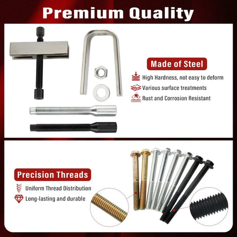Steering Wheel Puller And Lock Plate Removal Tool Kit with heavy duty steel parts, cap screws, and precision threads for vehicles.