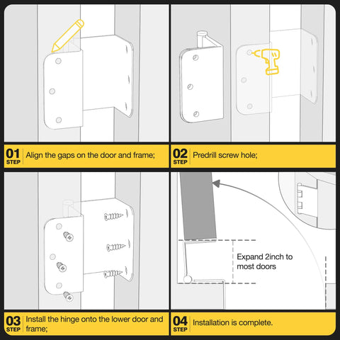 Step-by-step installation of Heavy Duty Matte Black Offset Door Hinges With Ball Bearing, showing 3.5 inch radius corner adjustment.