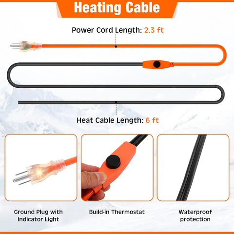 Diagram showing 32 Ft Pipe Insulation Foam Tape And 32 Ft Foil Backed Hose Wrap 6 Ft Heating Cable With Built In Thermostat