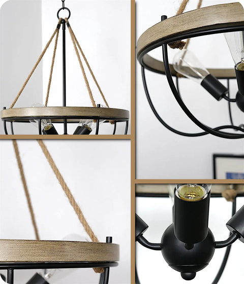 Florence 25 Inch Four Light Modern Farmhouse Hemp Rope Chandelier In Smoked Birch Finish close-up details and bulb design