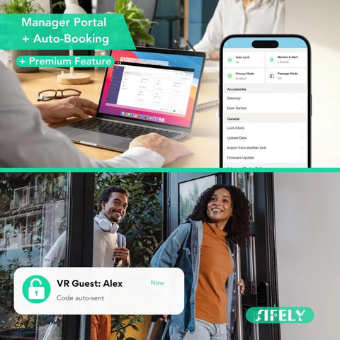 Person using laptop to control Fingerprint Smart Door Lock With Handle And Keypad Built In WiFi No Gateway Needed For Remote Access Keyless Entry For Front Door Home Or Airbnb App Control Alexa And Google Compatible Easy DIY Install
