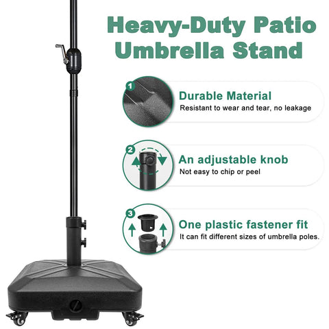 Heavy Duty Patio Umbrella Base With Wheels For Outdoor Square Market Stand, knob and fastener details shown, black