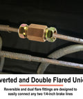 Side view of brass 1/4 in brake line inverted double-flare union fitting with 7/16-24 threads and nuts