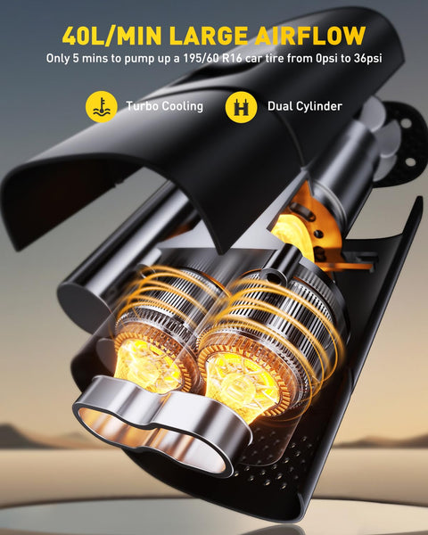 Cutaway view of Dual Cylinder Portable Tire Inflator With Digital Gauge 150 PSI 100W 12V DC Car SUV Truck Bike Motorcycle Pump