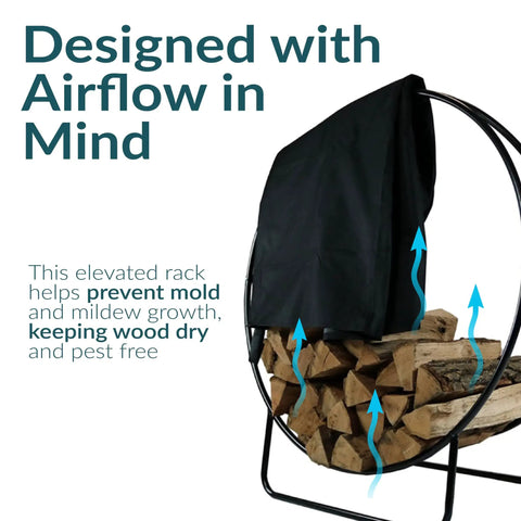 24-Inch Round Firewood Rack With Weatherproof Cover For Indoor Use, showing airflow design to keep wood dry