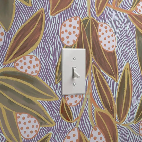 Top Shelf Hand Drawn Botanical Vinyl Wallpaper Featuring Subtle Leather Texture Hella Durable Commercial Wallcoverings Custom Printed Fresh On Demand with light switch.
