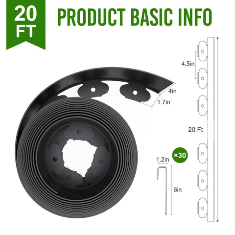 Diagram of 4 Inch Tall 20Ft Landscape Edging Kit With 30 Metal Staples Plastic Garden Border For Lawn Flower Bed And Yard Landscaping Durable Easy Install Creates Clean Pro Grade Edges with dimensions.