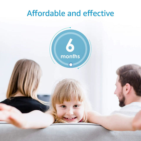 Child smiling on couch with "Affordable and effective" and "6 months" text, related to Moen 9601 Replacement Water Filter 2 Pack For Sip Filtered Kitchen Faucets Compatible With 9600 9602 9500 9501 9502 Reduces Chlorine Taste And Odor Heavy Metals Sediment Rust Up To 750 Gallons Or 6 Months.