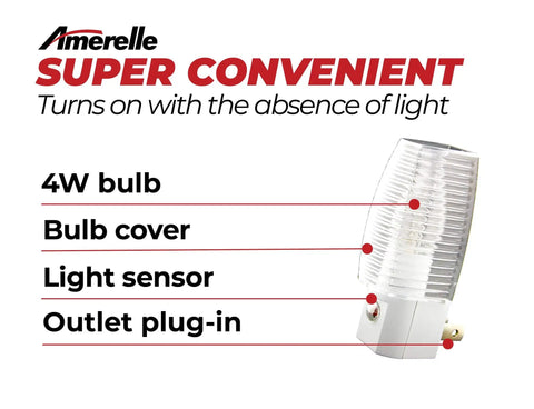 Incandescent Night Light 4 Pack Plug In Dusk To Dawn Night Lights For Hallways Bathrooms And Bedrooms Auto On At Dusk Auto Off At Dawn Soft 4W Glow dimensions and features displayed, showing bulb cover and light sensor.