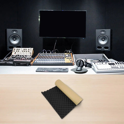 Top Shelf Acoustic Foam Panels And Sound Deadening Mat For Wall Install Crush Echo And Level Up Your Home Studio Setup Perfect For Karaoke Rooms Live Jam Sessions, showing a 100x50cm tile in a studio setting.