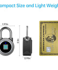 Fingerprint Bluetooth Padlock With Keyless Biometric Access, App Controlled, Water Resistant Lock shown with dimensions next to a credit card for size comparison