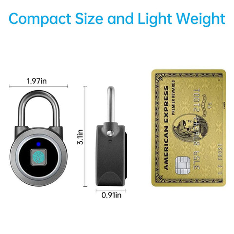 Fingerprint Bluetooth Padlock With Keyless Biometric Access, App Controlled, Water Resistant Lock shown with dimensions next to a credit card for size comparison