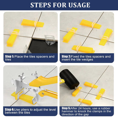 Steps for using Tile Leveling System Kit With Plier And Rubber Mallet, 1000 Tile Spacers Clips And 200 Reusable Wedges shown