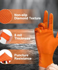 Front view of orange nitrile disposable glove with raised diamond texture; 8 mil thickness