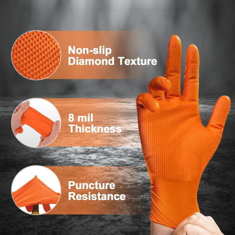Front view of orange nitrile disposable glove with raised diamond texture; 8 mil thickness
