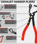 Universal Exhaust Hanger Removal Tool And 4 Holes Rubber Kit with heavy duty pliers illustration showing features and dimensions.